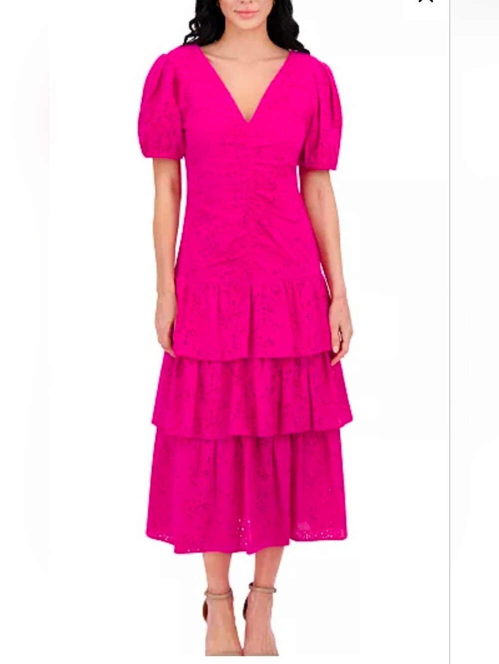 Kensie Hot Pink Women's Emboridered Layered Puff-Sleeve - Picture 1 of 7